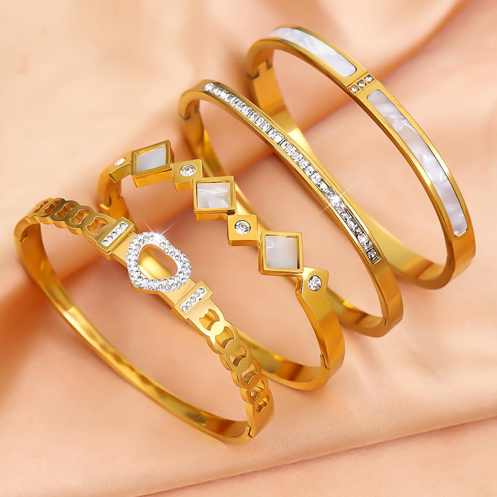 Stainless Steel Bangle Bracelet Set for Women - Gold Love Bangle Non Tarnish Jewelry with Sparkling Crystal Inlay for Love Gifts