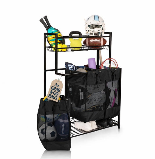 Garage Sports Equipment Organizer - Vertical Ball Storage Rack with 3 Heavy Duty Bags (black) - Metal Frame Organizer for Balls and Outdoor Gear. Home Gym Storage Organizer. Yoga Workout Organizer.