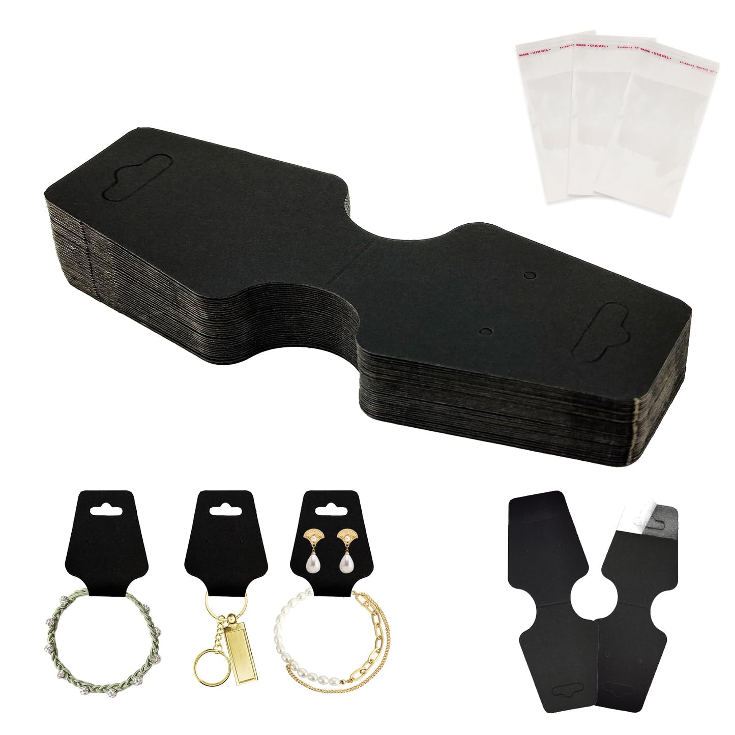 400pcs Jewelry Display Cards with Adhesive,1.7*4.7inch Necklace Display Kraft Cards with 400pcs Packaging Bags Jewelry Holder Cards Hanging for Earring Hair Band Keychain Scrunchies (400PCSBlack)