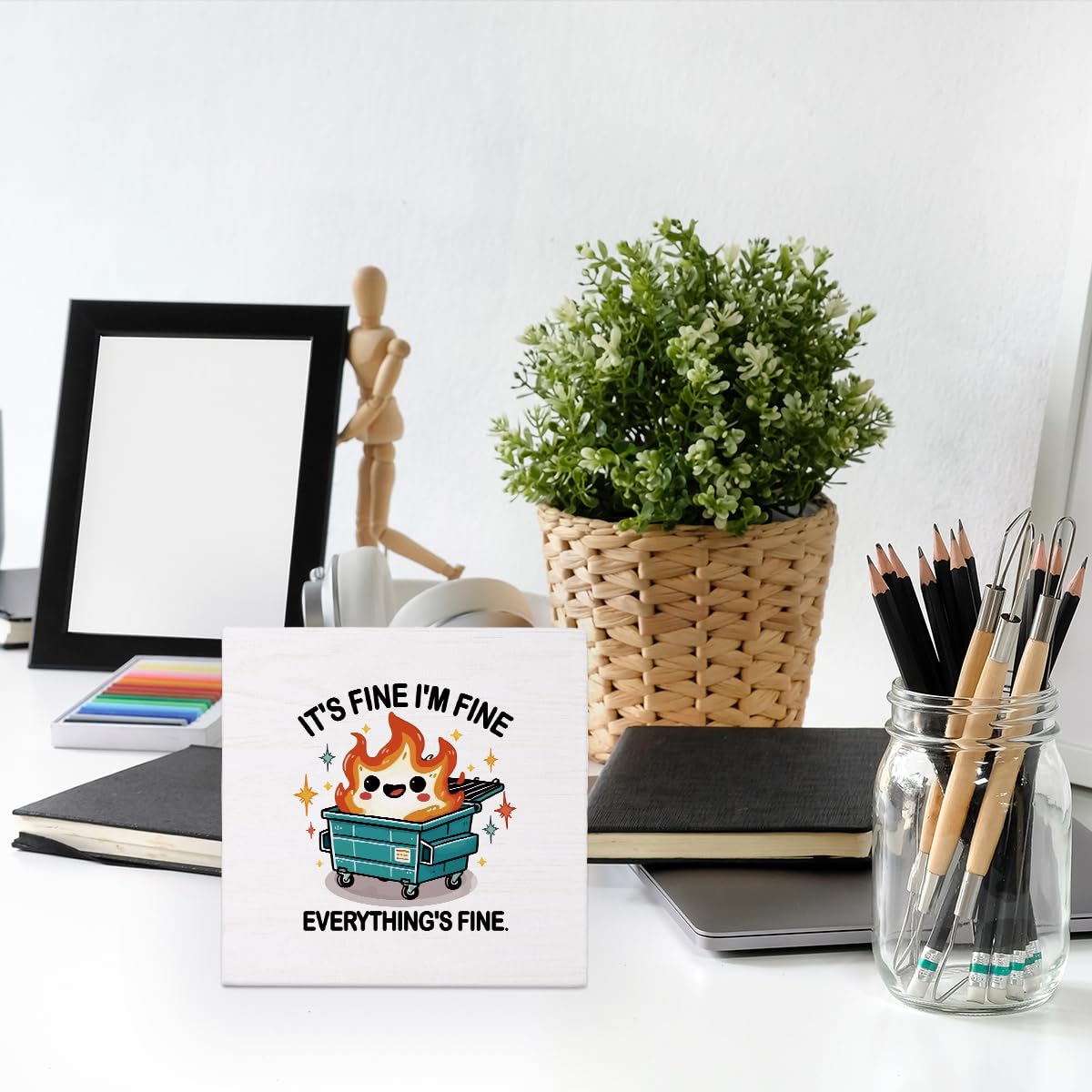 FLVGE Dumpster Fire Desk Accessories Dumpster Fire Ornament Funny Desk Sign Décor, Gifts for Coworker, Boss, Men, Women,It's Fine I'm Fine Everything is Fine,5x5 Inch