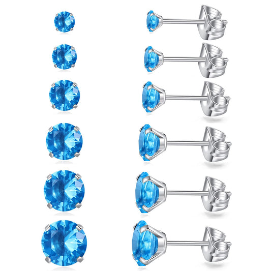 6 Pairs Stud Earrings Set, Hypoallergenic Cubic Zirconia Earrings 316L Stainless Steel CZ Earrings 3-8mm (Sea blue (Light blue) CZ)