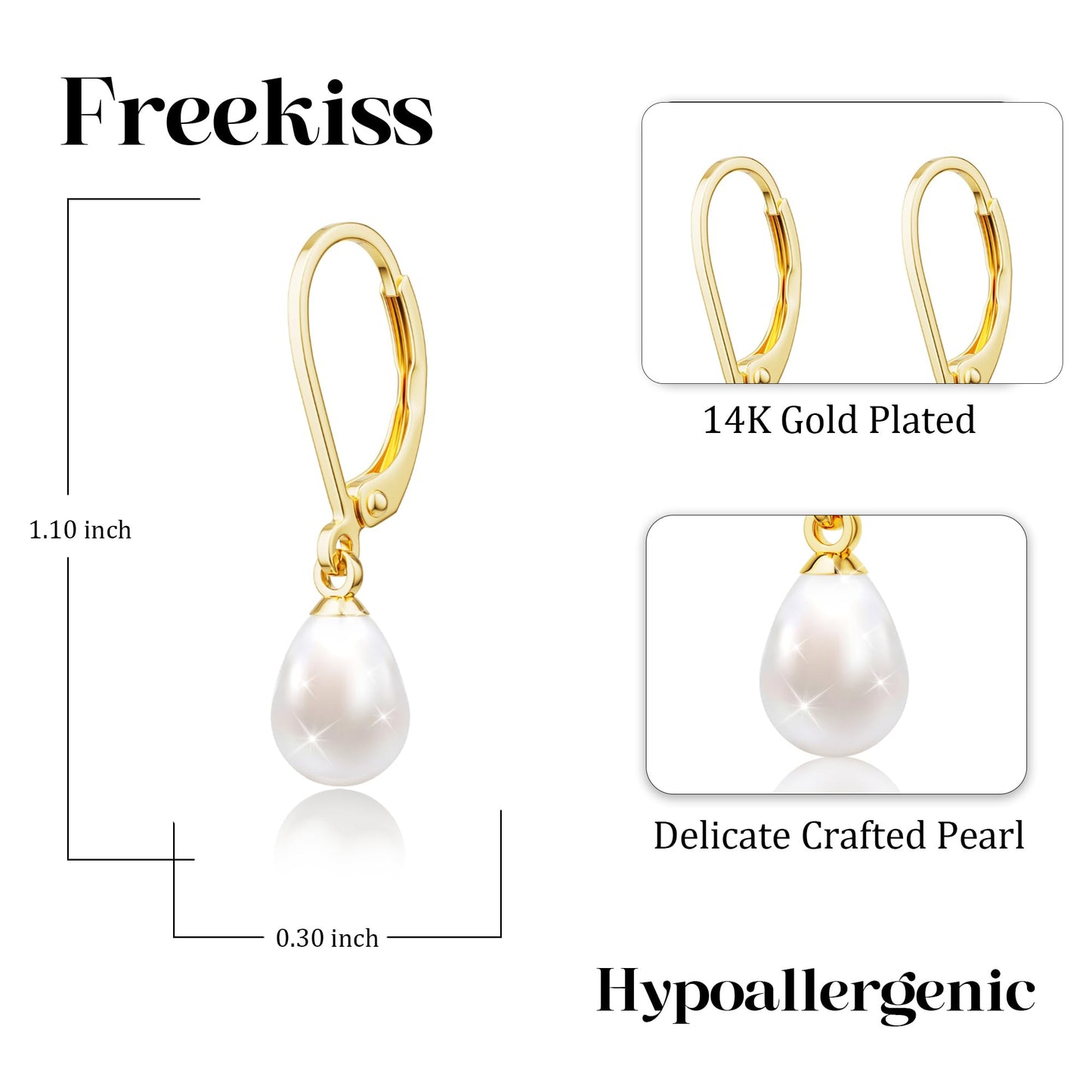 Freekiss Gold Pearl Earrings: Leverback Dangle, Dainty 14K Gold Plated, Hypoallergenic, Waterproof, Wedding & Prom Earrings