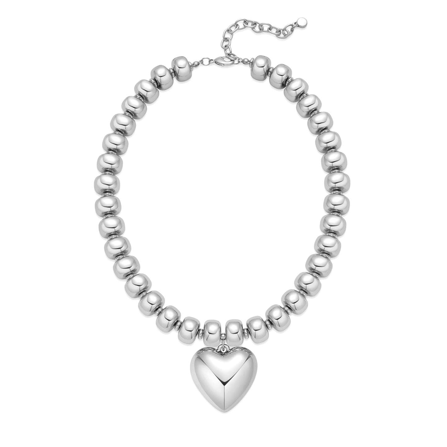ENSKEFEN Silver Puffy Heart Pendant Necklaces for Women Chunky White-Gold Plated Acrylic Beaded Necklace Adjustable Statement Choker Necklace Fashion Jewelry