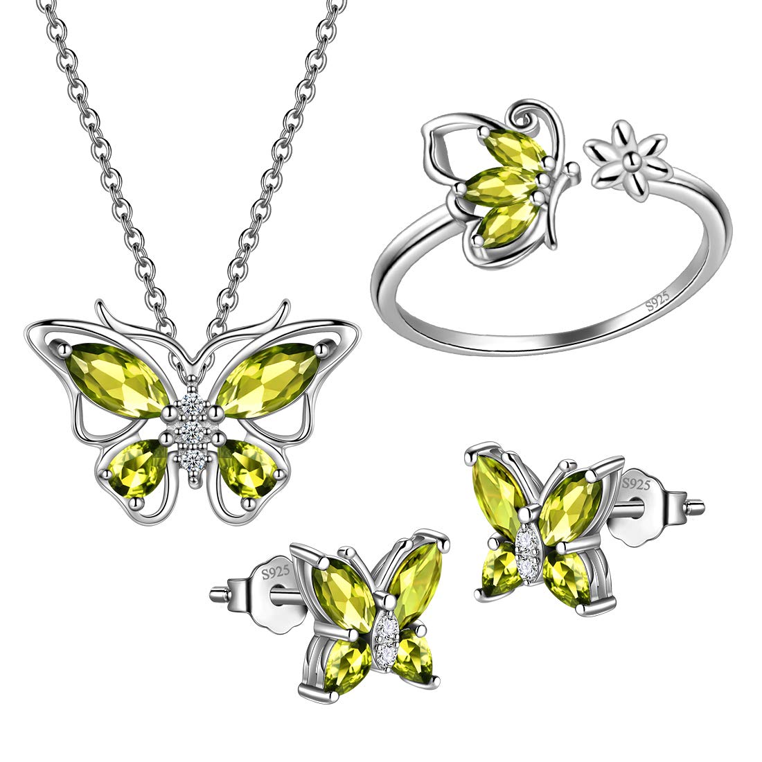 Hipunk Butterfly Green Jewelry Sets Birthstone Women 925 Sterling Silver August-Peridot Birth Stone Animal Butterflies Jewelry Sets/Earring/Ring Set Crystal Birthday Jewelry SS0002A