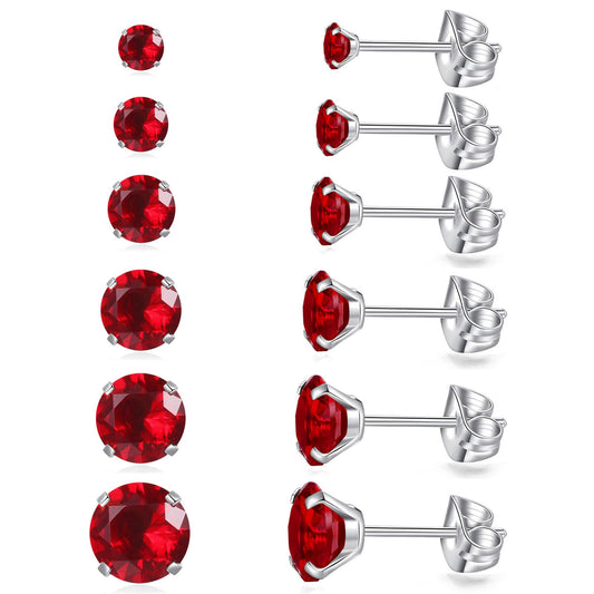 6 Pairs Stud Earrings Set, Hypoallergenic Cubic Zirconia Earrings 316L Stainless Steel CZ Earrings 3-8mm (Red CZ)