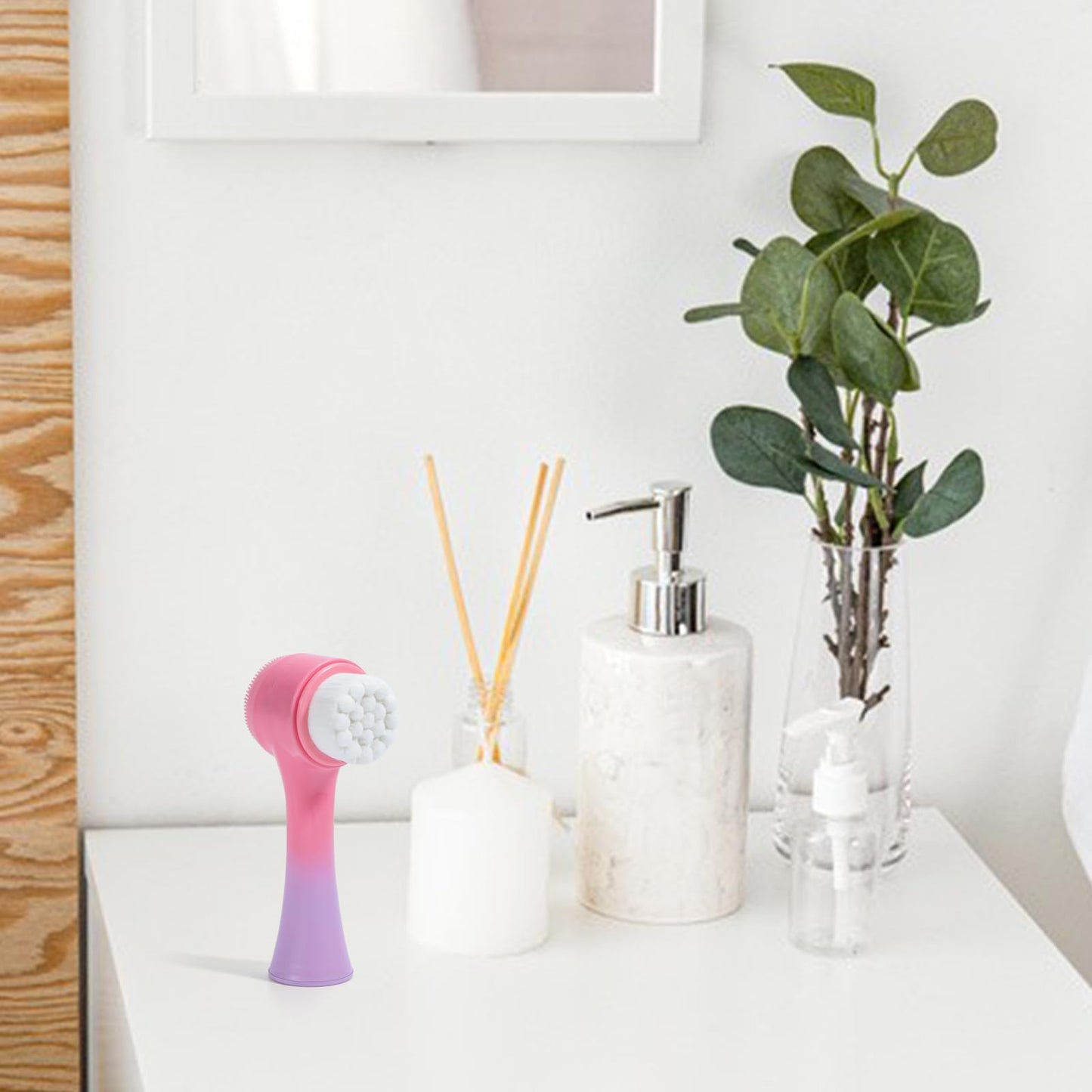 Beomeen Face Brush 2 in 1, Silicone Facial Cleansing Exfoliating Brush Soft Bristles Pore Deep Cleansing Manual Dual Face Wash Scrub Brush For Massaging, Makeup Skincare Removal, Gradient Pink