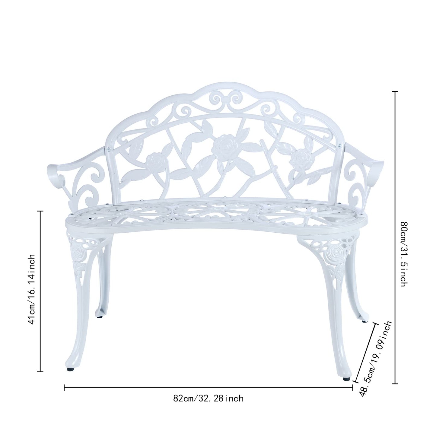 YKSY&YKSY Patio Garden Bench Metal Park Bench Cast Aluminum Outdoor Furniture with Floral Rose for Patio,Park,Lawn,Yard (White)