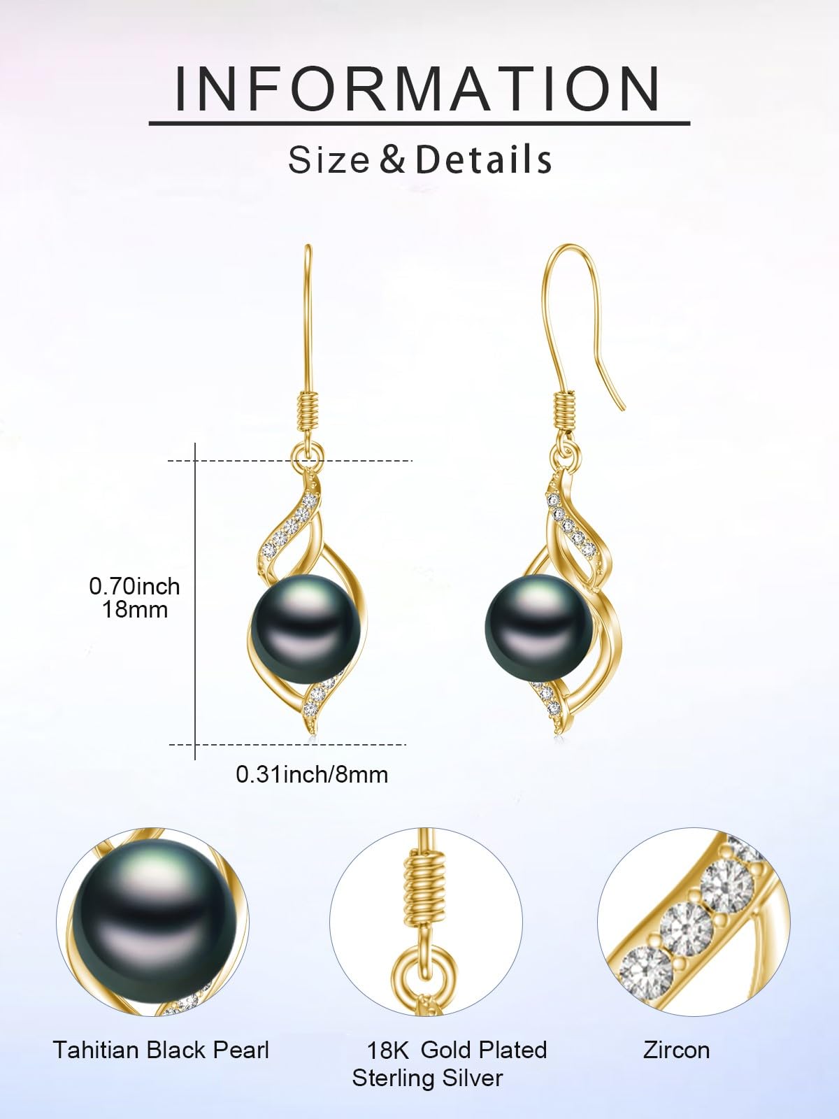 KANNSOAR 7MM Tahitian Black Pearl Dangle Drop Earrings, 18K Gold Plated Sterling Silver Everyday Earrings for Women Wife Girlfriend Hypoallergenic Jewelry Gift for Anniversary Birthday Christmas