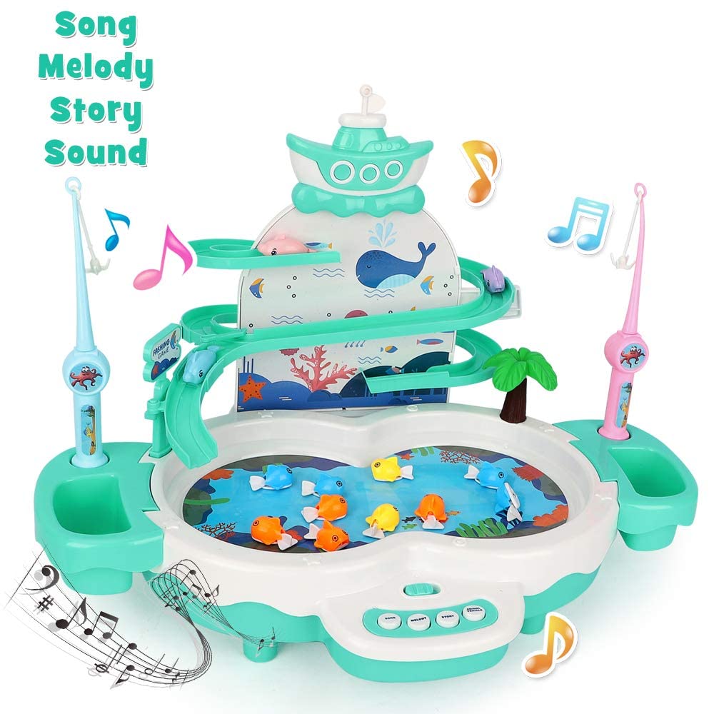 Magnetic Baby Fishing Toy Set, 3 in 1 Fishing Game for Toddlers & Kids with Slideway & Music Story, 10 Fish, 3 Dolphins, 2 Fishing Poles, Learning Educational Sound Effect Toys (Green1)