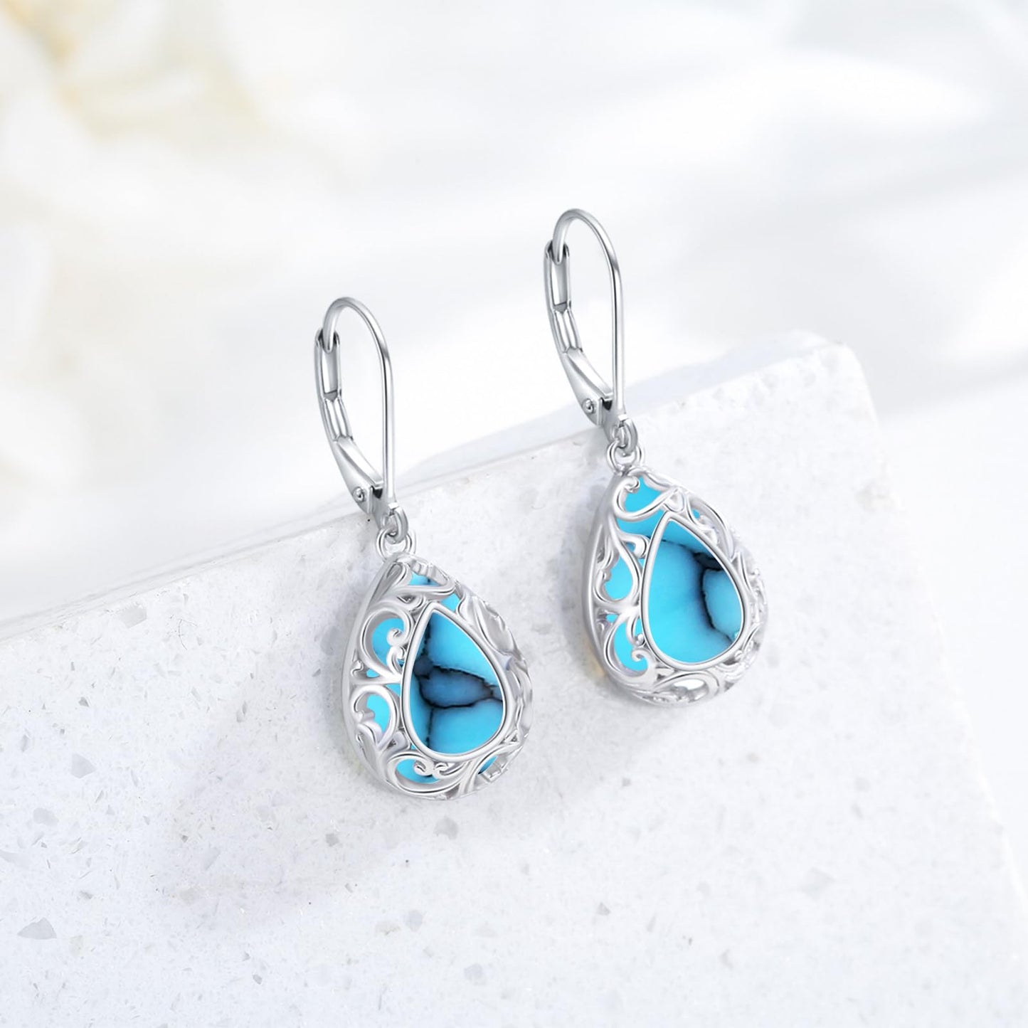 KoyeKei Filigree Turquoise Leverback Earrings for Women 925 Sterling Silver Turquoise Teardrop Dangle Drop Earrings Filigree Jewelry Birthday Graduation Gifts for Lover Her Best Friend