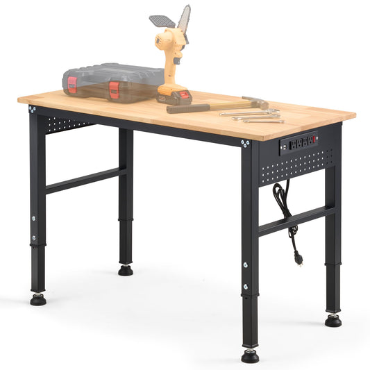 41" Adjustable Workbench with Rubberwood Top & Power Outlet,Large 41x21In 9-Level Height Range 27"-37", 2000 LBS Heavy Duty Capacity for Workshop, Office, Garage, Home