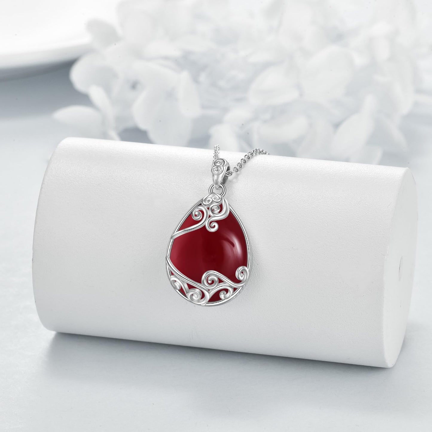 YAFEINI 925 Sterling Silver Red Agate Necklace Filigree Teardrop Pendant Necklace Jewelry for Women (BB-Red Agate Filigree Necklace)