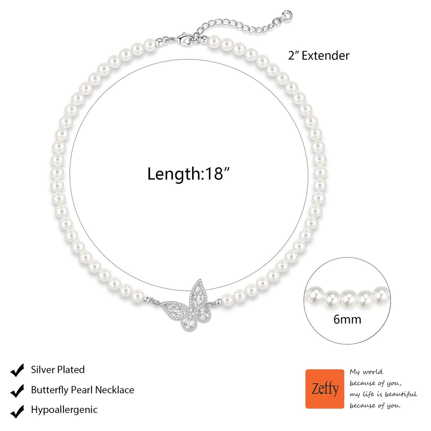Zeffy Bohemian Crystal Butterfly Pearl Necklace Sparkly Pearl Strand Necklace Rhinestone Butterfly Pearl Chain Jewelry for Women