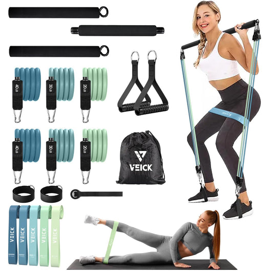VEICK Pilates Bar Kit with Resistance Bands, Elastic Workout Bands for Men and Women, Set of 5 Resistance Loop Bands for Home Fitness, Stretching, Strength Training, Physical Therap, Blue