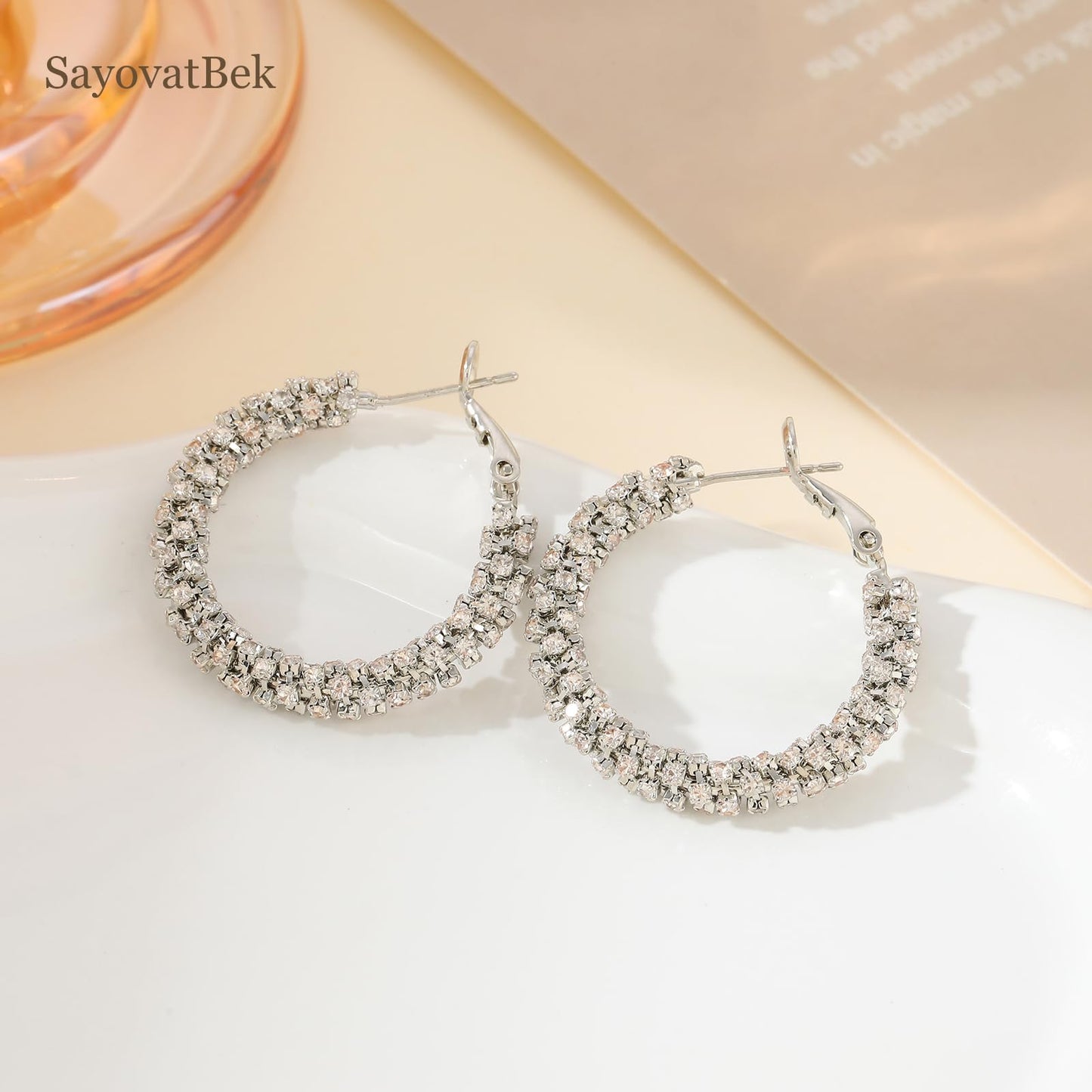 SayovatBek 14K Gold Plated 25–35mm Lightweight Hoop Earrings for Women, Cubic Zirconia, 925 Sterling Silver Post, Hypoallergenic Jewelry