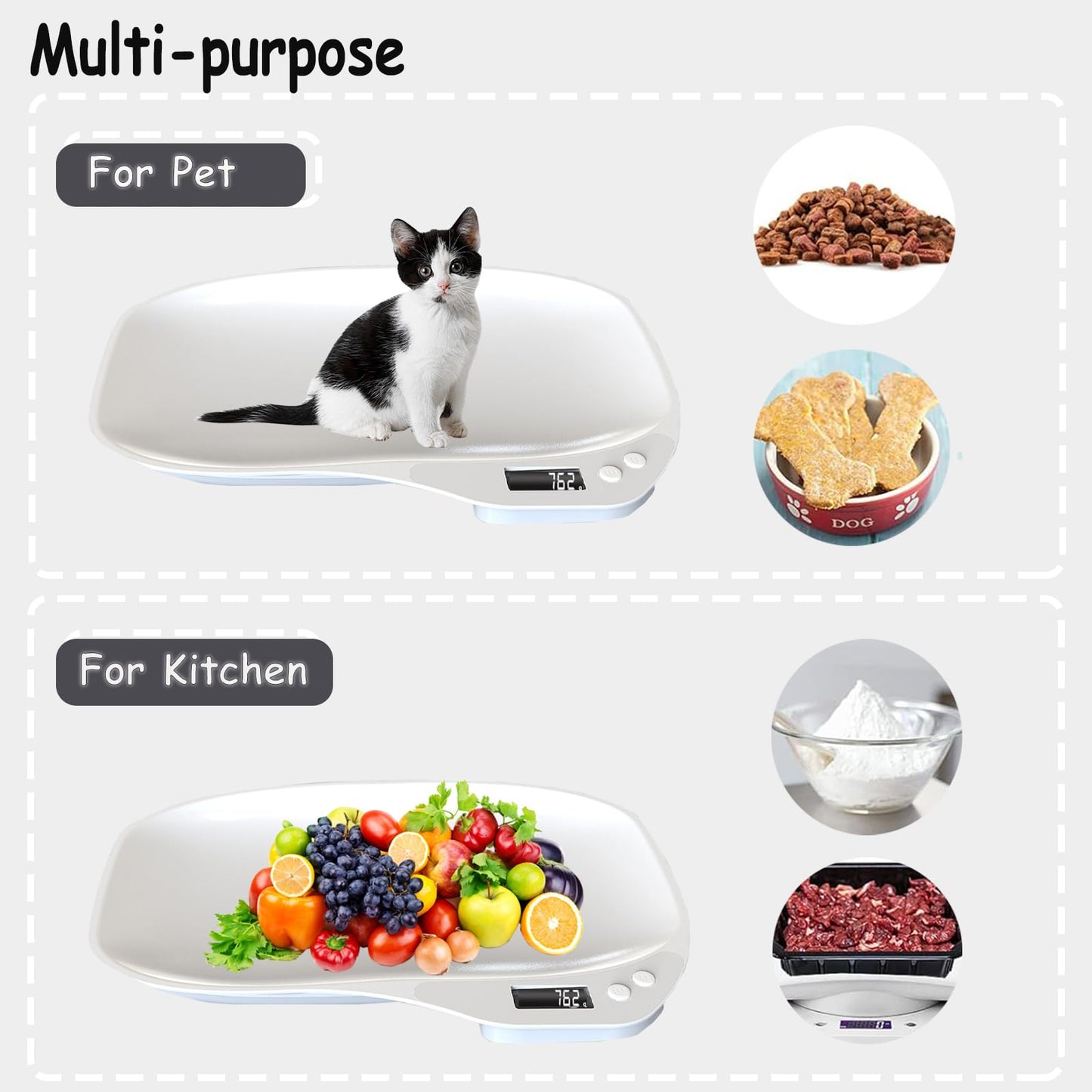 Small Animals Digital Pet Scale for Dogs Cats, Portable Electronic Kitchen Food Weighing Scales Max 33 lbs, LCD Scale with Tray, for Food, Puppy, Kitten, Lizard, Hamster, Tortoise, Helping