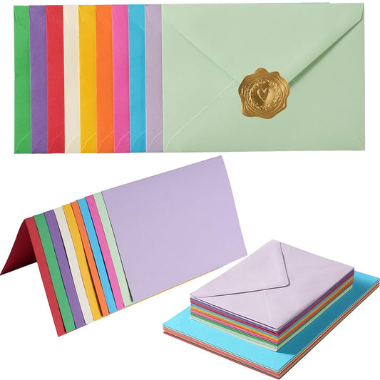 50 Pack A6 Colorful Envelopes with 4x6 Blank Heavy Colored Folded Cardstock and Gold Stickers for Greeting Cards, Wedding, Birthday Party, Baby Showers, Invitations (4x6)