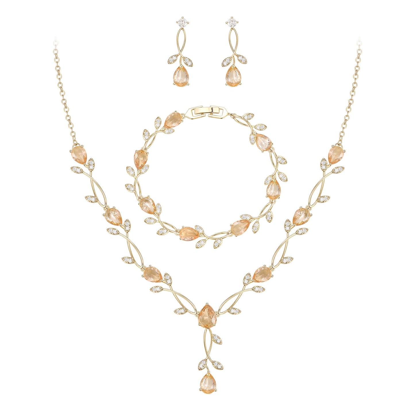 EVER FAITH Prom Party Jewelry Set for Bride Bridesmaid, Champagne Teardrop Cubic Zirconia Gold-Plated-Brass Leaf Vine Bridal Necklace Dangle Earrings Bracelet Sets for Women