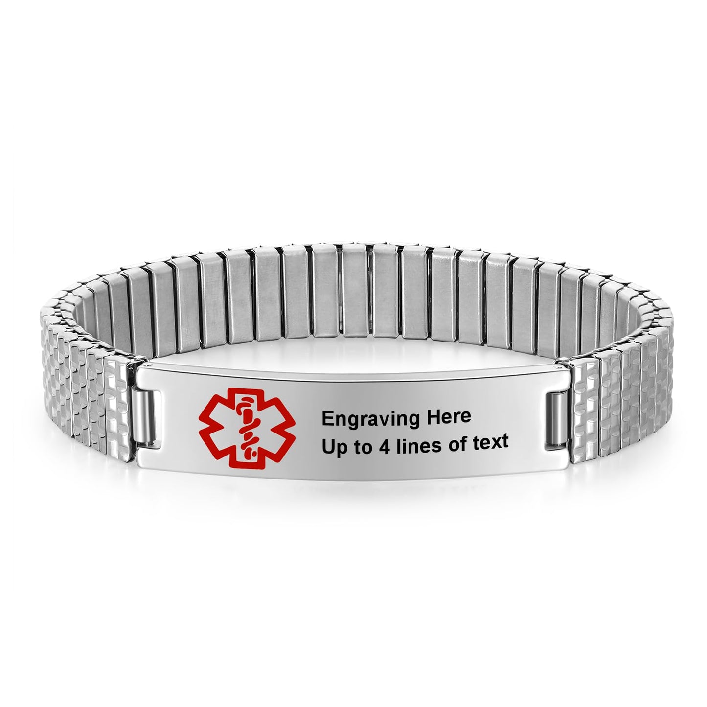Personalized Medical ID Bracelets for Men - Custom Emergency Alert Bracelet for Women Engraved Medic Info Elastic Stainless Steel Bracelets for Family Autism Allergy Diabetic Epilepsy (Silver, 21.5cm)