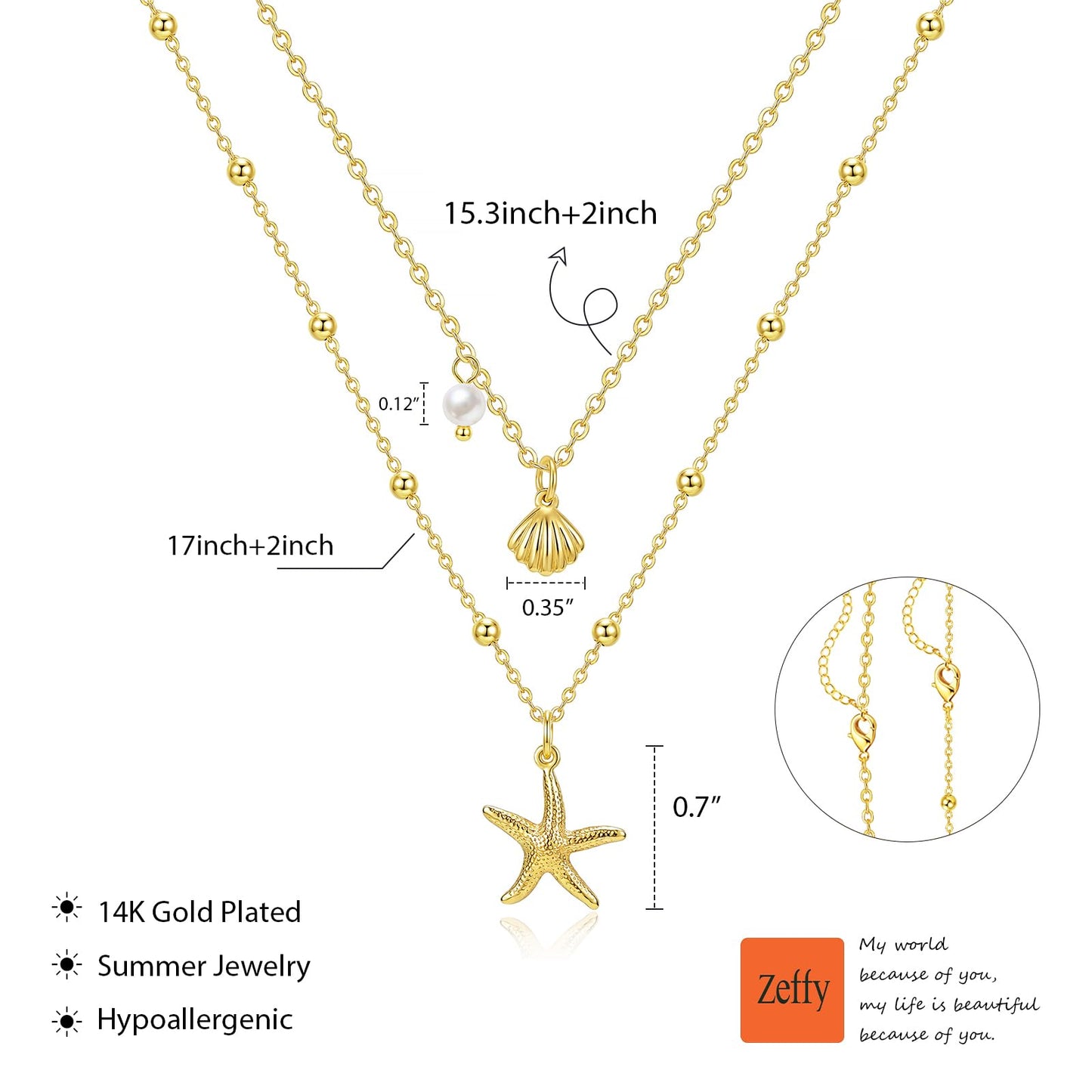 Zeffy Seashell Necklace for Women Dainty Stack Layered 14K Gold Plated Shell Starfish Pearl Pendant Charm Necklace Dainty Cute Non Tarnish Double Chain Necklace Set Jewelry for Summer Beach Vacation