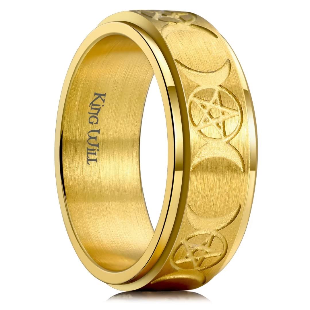 King Will Mens Fidget Ring Golden Yellow 8mm Stainless Steel Ring Spinner Ring For Men Women Stress Anxiety Relief Rotating Ring Finger Teens Toy Triple Moon Comfort Fit For Unisex Adults 8