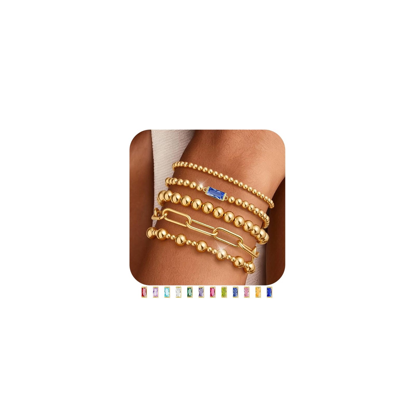 5 PCS Gold Bracelets for Women, Dainty Birthstone Bracelet 14K Gold Plated Stackable Paperclip Cuban Link Chain Bead Bracelets, Fashion Trendy Jewelry Sets Birthday Gifts