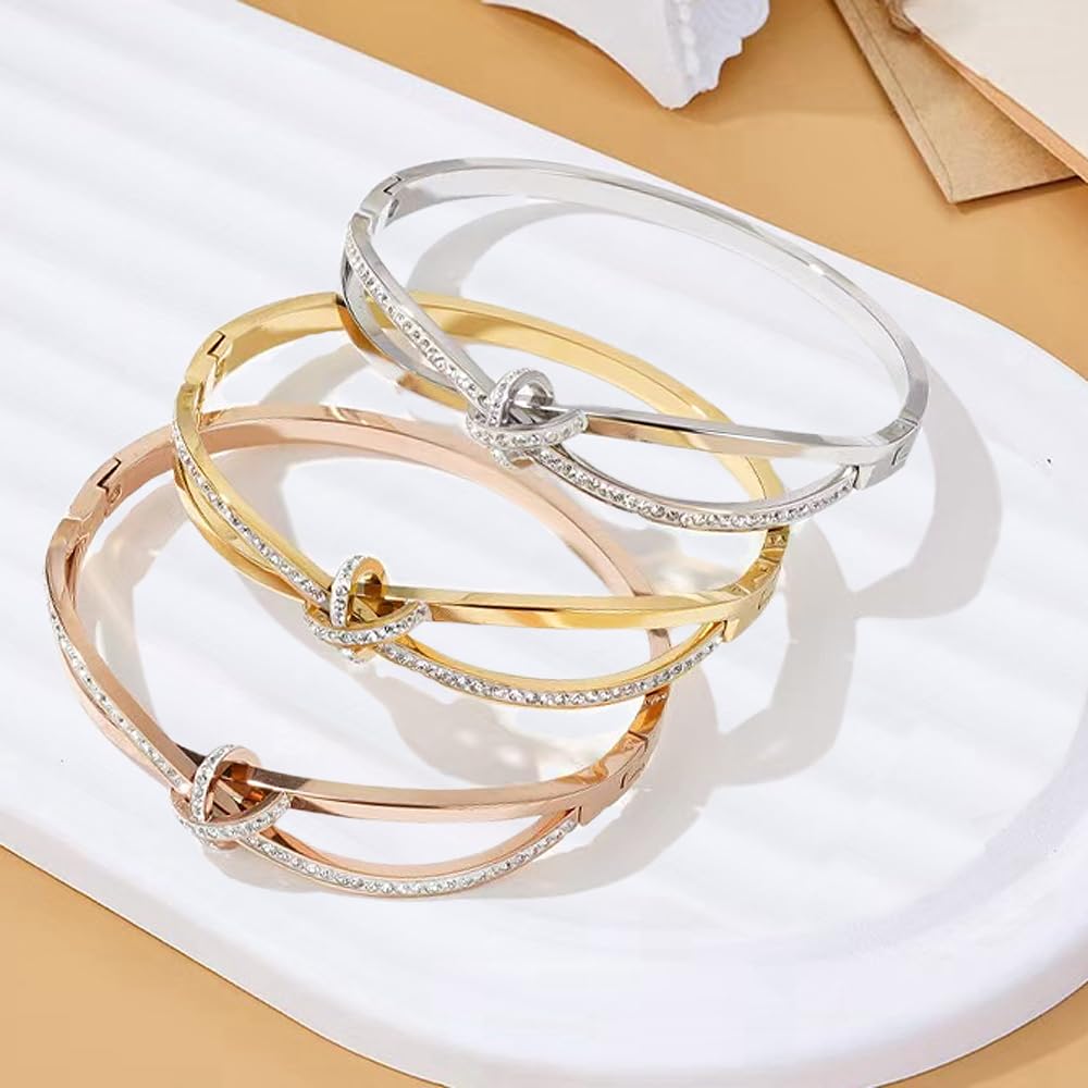 18K Gold Plated Bow Bangle Bracelet for Women Personalized Cubic Zirconia Stainless Steel Cross Bracelets Oval Butterfly Knot Bangles Bracelets Gifts for Love, Small