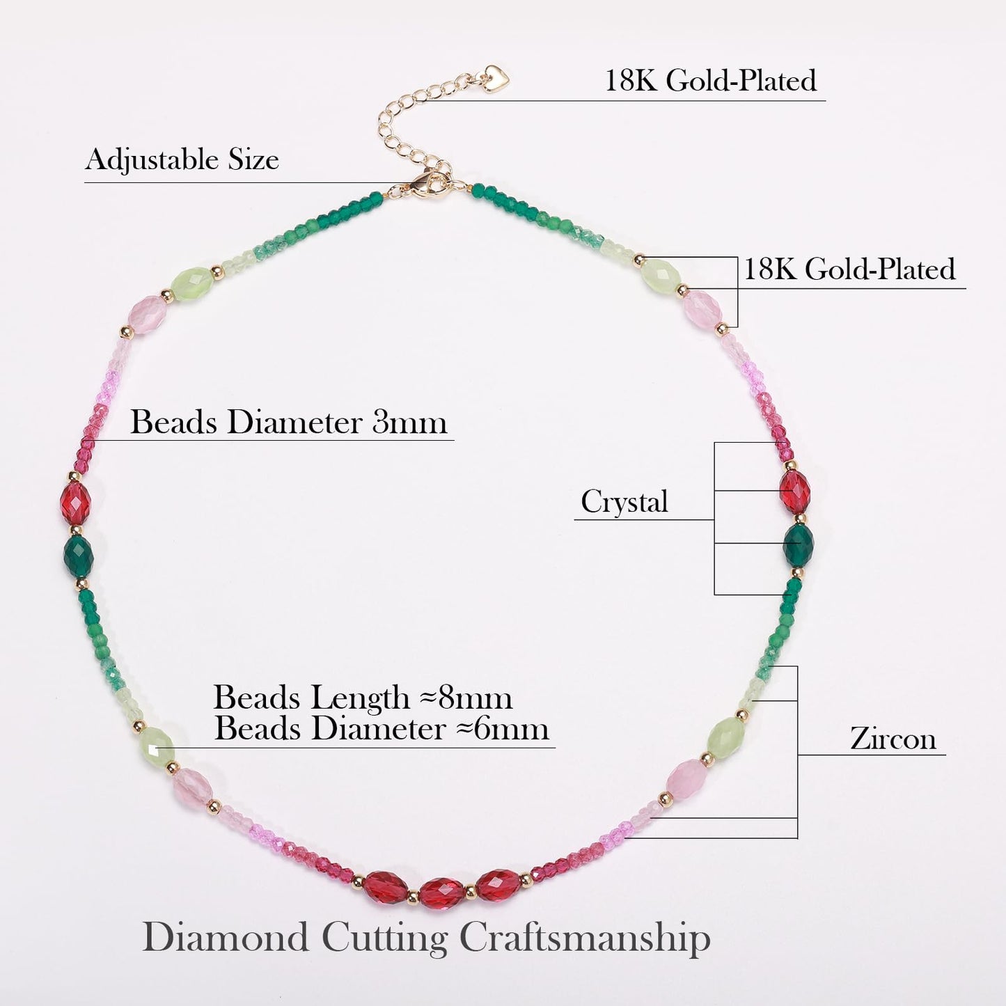 Gmissbabicoo Healing Crystal Necklace for Women Spiritual Zircon Beads Handmade Gemstone with 18k Golden Plated Green Pink Crystals Stones Beaded Adjustable Necklaces with Jewelry Box