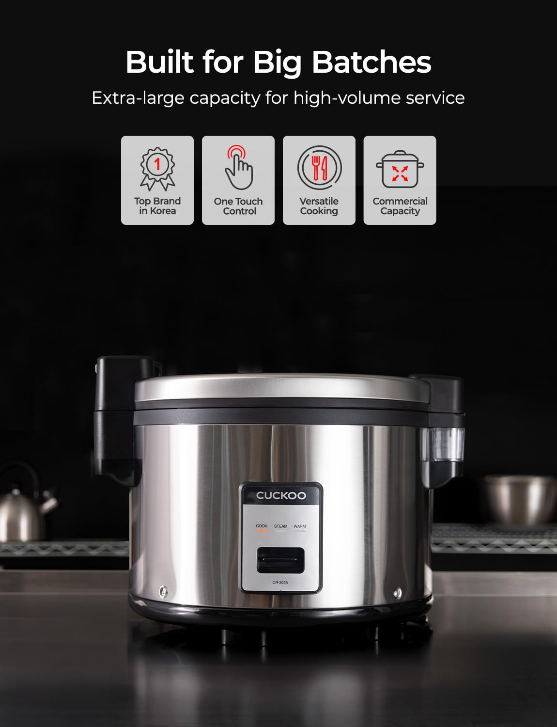 CUCKOO Commercial Rice Cooker & Warmer, Extra Large Rice Cooker 30-Cup Uncooked / 60-Cup Cooked, Professional Industrial Grain Cooker with Large Capacity, Easy One-Touch Operation, Silver (CR-3055)