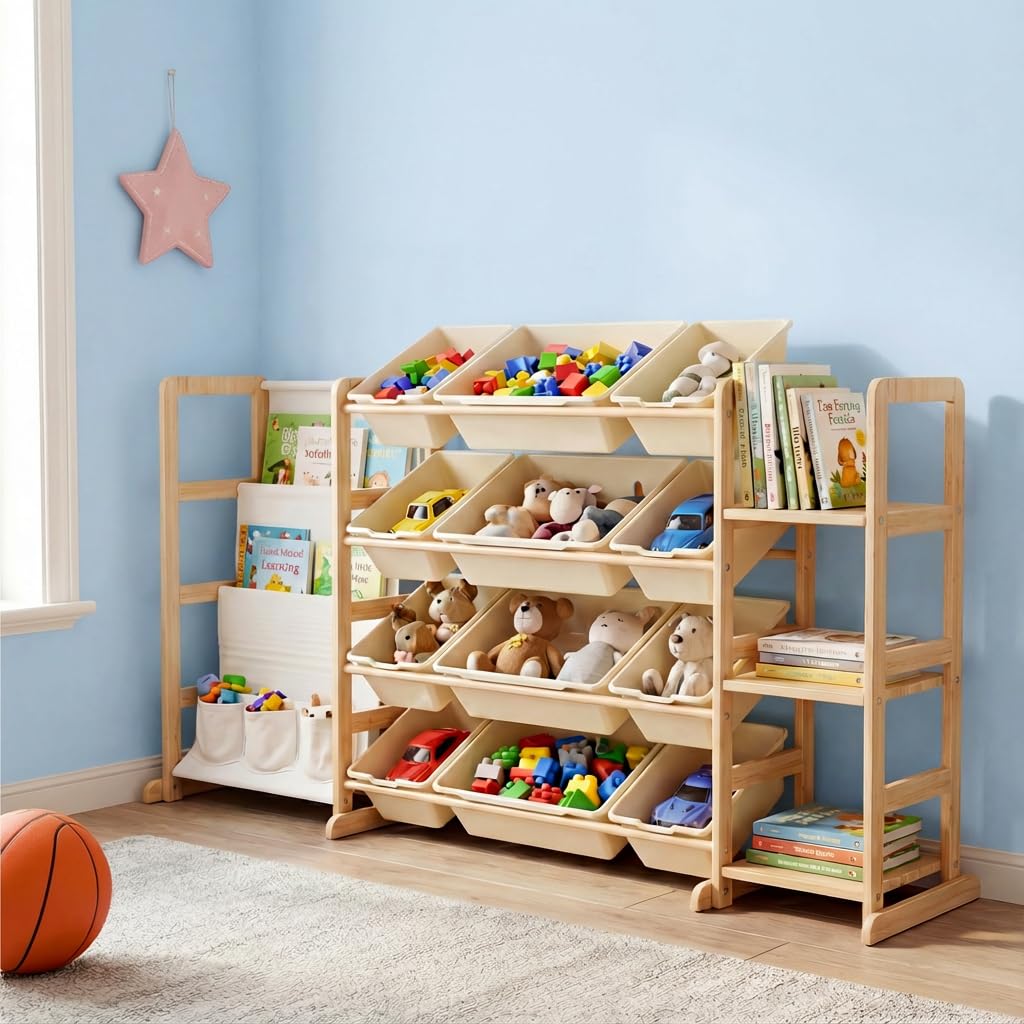 Toy Storage Organizer, 3-in-1 Extra Large Toy Storage with 12 Bins and 3 Side Shelves, 4-Tier Bookshelf, Toys Box for Bedroom Nursery Kids Room Organization, Toddler Playroom Organization Essentials
