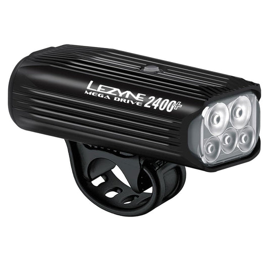 LEZYNE Mega Drive Bicycle USB-C Rechargeable IPX7 White LED Front Light with Multiple Solid & Flash Modes | Integrated Silicone Rubber Strap Mount | 2400 Lumens, Black Gloss
