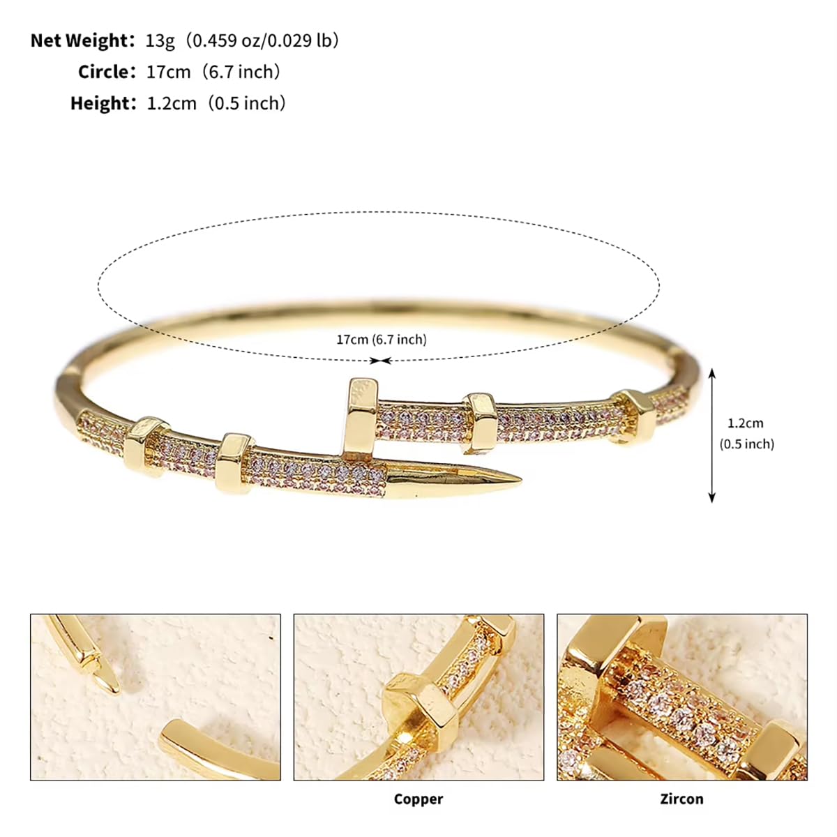 Nail Bangle Bracelet for Women 18K Gold Plated Cubic Zirconia Stones Titanium Steel Bracelet Jewelry Valentines Christmas Gifts (Gold)
