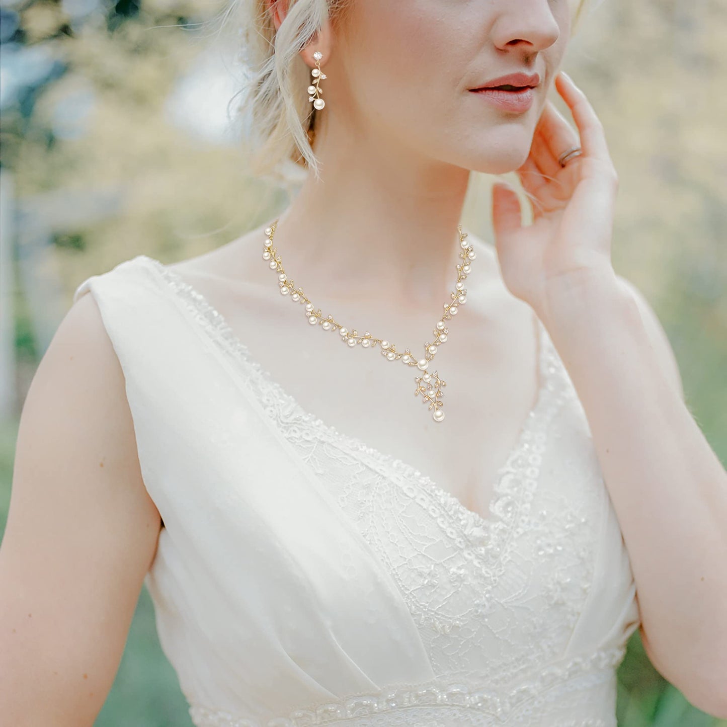 EVER FAITH Bridal Jewelry Sets for Women, White Cubic Zirconia Simulated Pearl Leaf Vine Wedding Bride Pendant Necklace Earrings Set Clear Gold-Plated-Brass