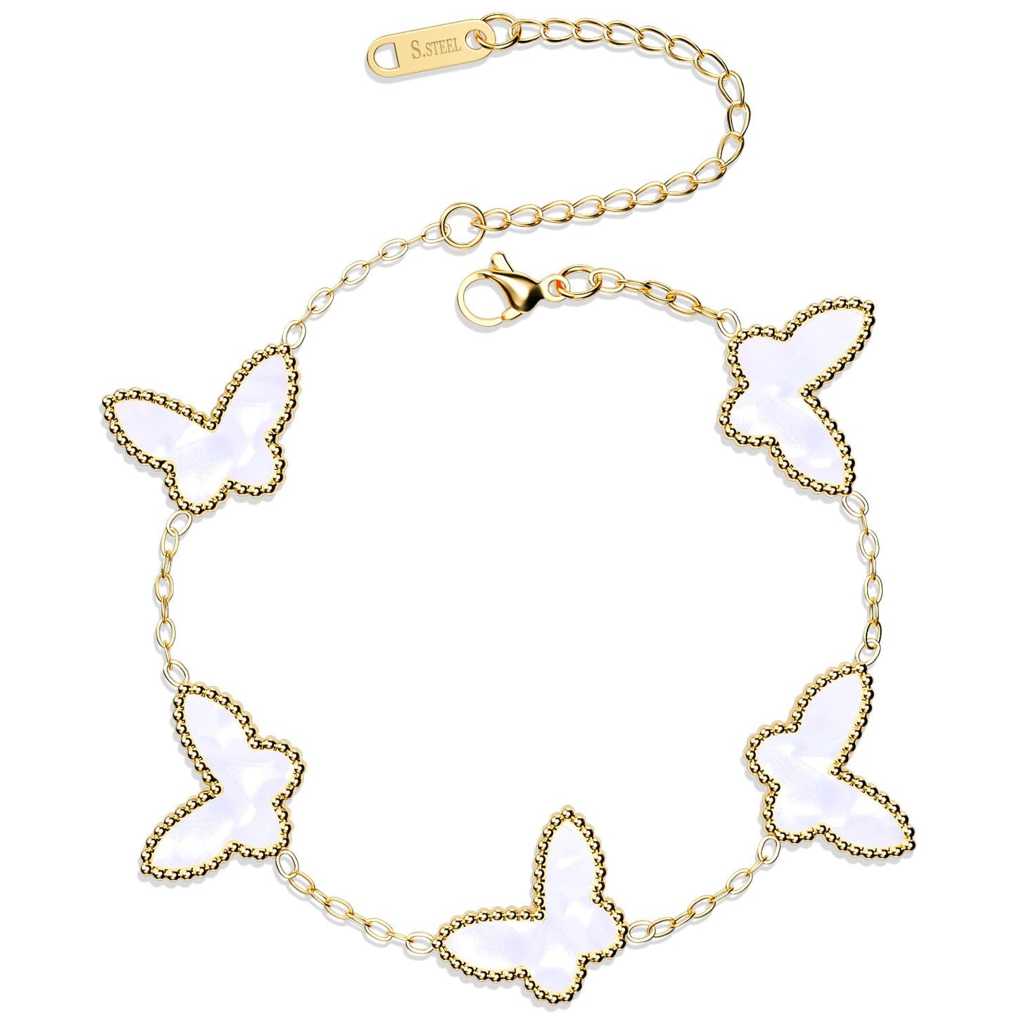 AICase 18K Gold Plated Clover Bracelet Dupes White Bracelet Set for Women Butterfly Flower Leaf Lucky Clover Bracelets Trendy Jewelry Birthday Gifts for Women/MoM/Friends_White