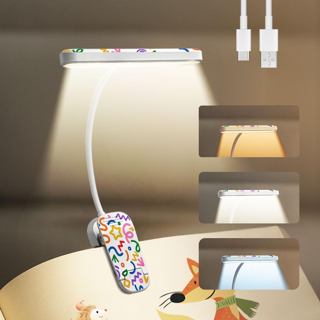 Hoxutym Rechargeable Kids Book Light 25 LEDs - Reading Light for Kids, Eye Caring 3 Colors & 5 Brightness Levels, Extended 1200mAh Battery, Gifts for Kids & Book Lovers (White Doodle)
