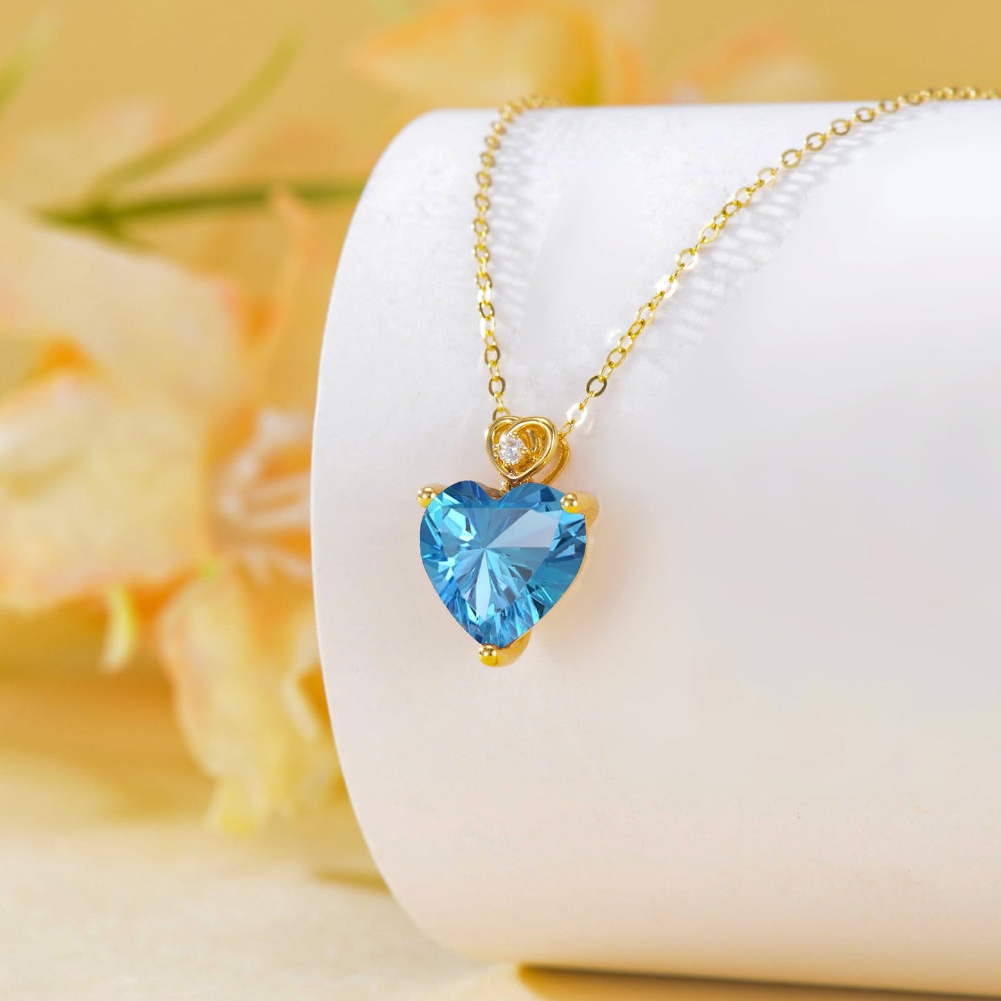 NFYBD 14k Gold Love Heart Blue Topaz Birthstone Pendant Necklace for Women 3 Carat Heart-cut Created Gemstone Anniversary Birthday Mother's Day Necklaces for Her 16+1+1 inch-Dec