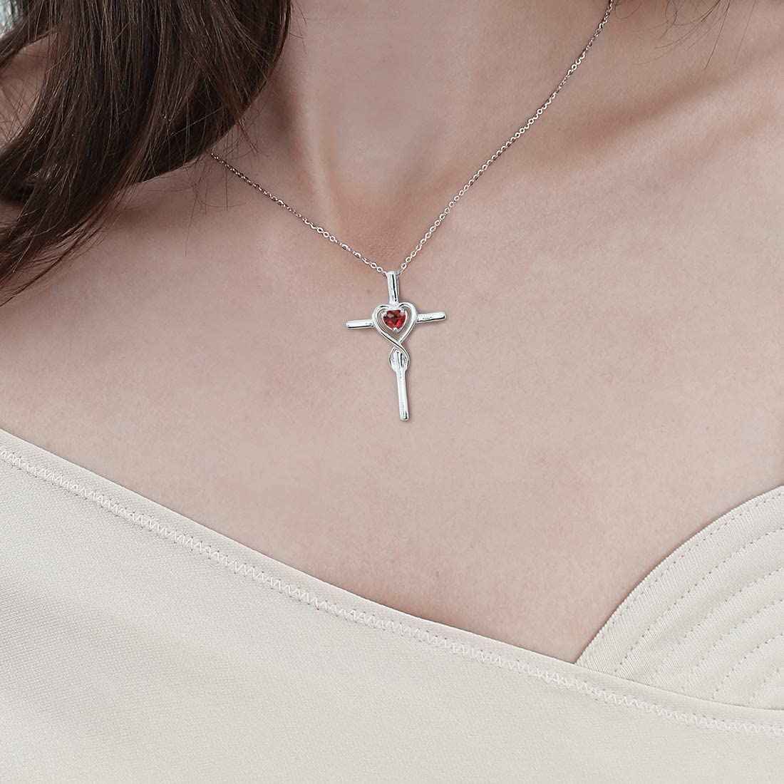 FANCIME Garnet Cross Necklace For Women Sterling Silver Birthstone Necklace Garnet Infinity Heart Cross Pendant January Birthstone Jewelry Gifts for Women