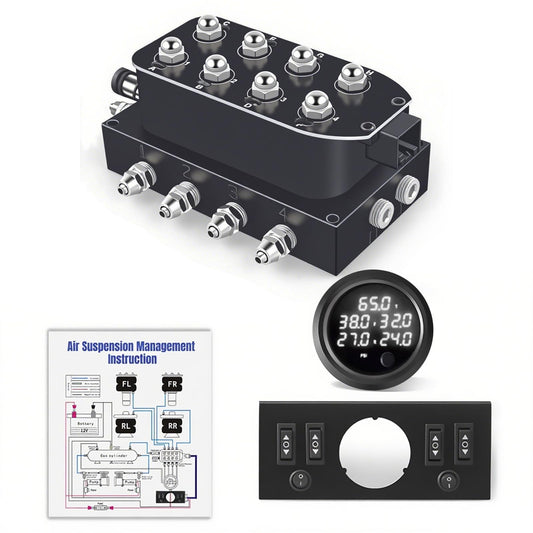 CNWZYMX 12V Air Management Featuring 8-Valve Air Ride Suspension Manifold, Simplify Control Panel and Ship Type Switch and Five-Way White Display Air Pressure Gauges