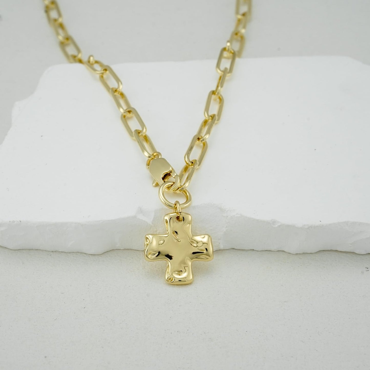 Bheop Chunky Cross Necklace for Women Trendy 14K Real Gold Plated Statement Cross Pendant Charm Necklace Waterproof Big Paperclip Chain Costume Christian Religious Jewelry Gift Non Tarnish