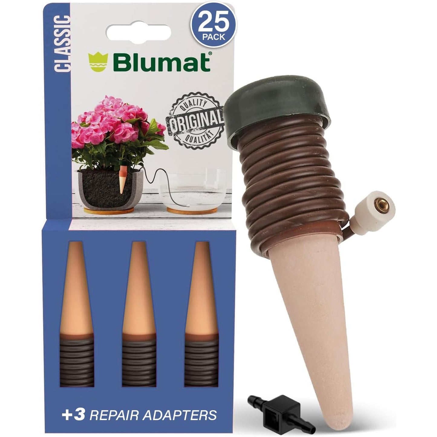 Blumat Classic Self-Watering Stakes - Automatic Drip Irrigation System for Indoor Plant Watering & Outdoor - Water Drip Solution for Potted Plants - Slow Release Stakes, 25 Pack, w Adapter