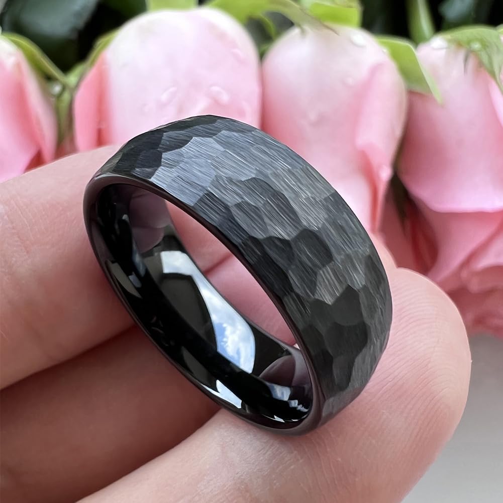 TUTISS 8mm Black Hammered Tungsten Carbide Rings for Men Women Engagement Wedding Bands Domed I Love You Engraved Comfort Fit Size 13