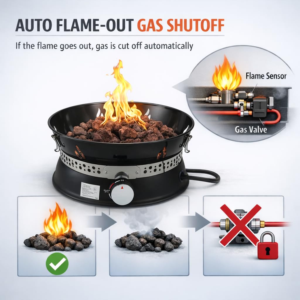 19" Propane Gas Fire Pit with Auto Flame-Out Gas Shut-Off, Portable with Lid & Carry Handle, 58,000 BTU, 10 FT Hose, 8 lb Lava Rocks for Camping, RV, Patio, Backyard,Propane Fire Pit for Camping
