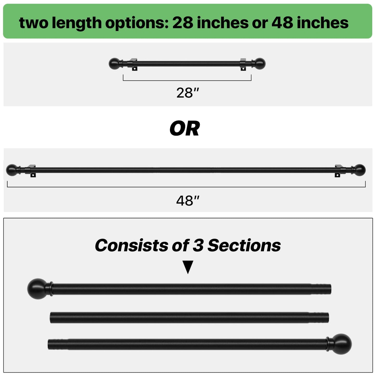 Curtain Rods for Windows 28 to 48 inch, 5/8 inch Black Curtain Rod Set with Brackets, Splicing Adjustable Metal Drapery Rod for Bedroom, Kitchen, Living Room, Matte Black