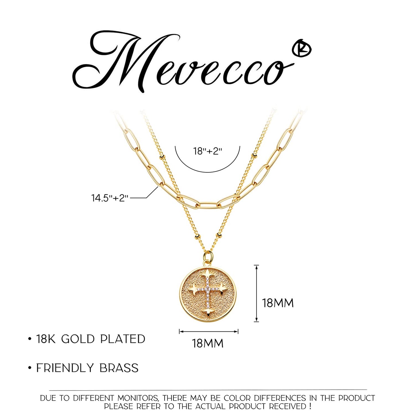 MEVECCO Gold Layered Choker Necklace for Women, 18K Gold Plated Dainty CZ Cross Coin Pendant Minimalist Paperclip Double Layer Necklace for Jewelry