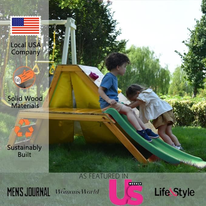 Avenlur Palm Outdoor and Indoor Playground 5 in 1 Backyard Playset with Ladder, Rock Wall, 4 ft. Slide, Tent Fort, Montessori Style Play Set Climber Playhouse Toddlers, Children, Kids 2-6yr (Green)