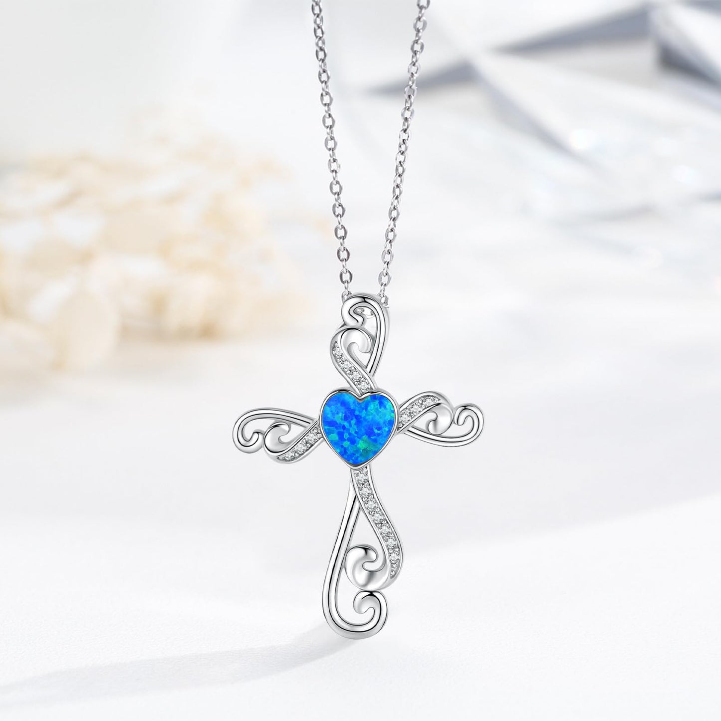 Twoowl Cross Necklace for Women 925 Sterling Silver Blue opal Cross Pendant Religious Necklace Cross Jewelry Gifts Birthday Christmas for Mom