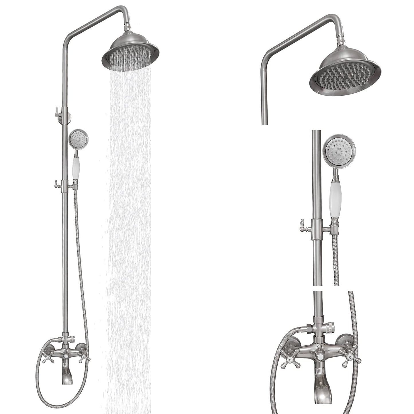 BWE Brushed Nickel Shower Faucet Set 8-Inch Rain Shower Head Handheld Sprayer and Rotatable Tub Spout Triple Function Wall Mount Shower Fixture Combo System Stainless Steel