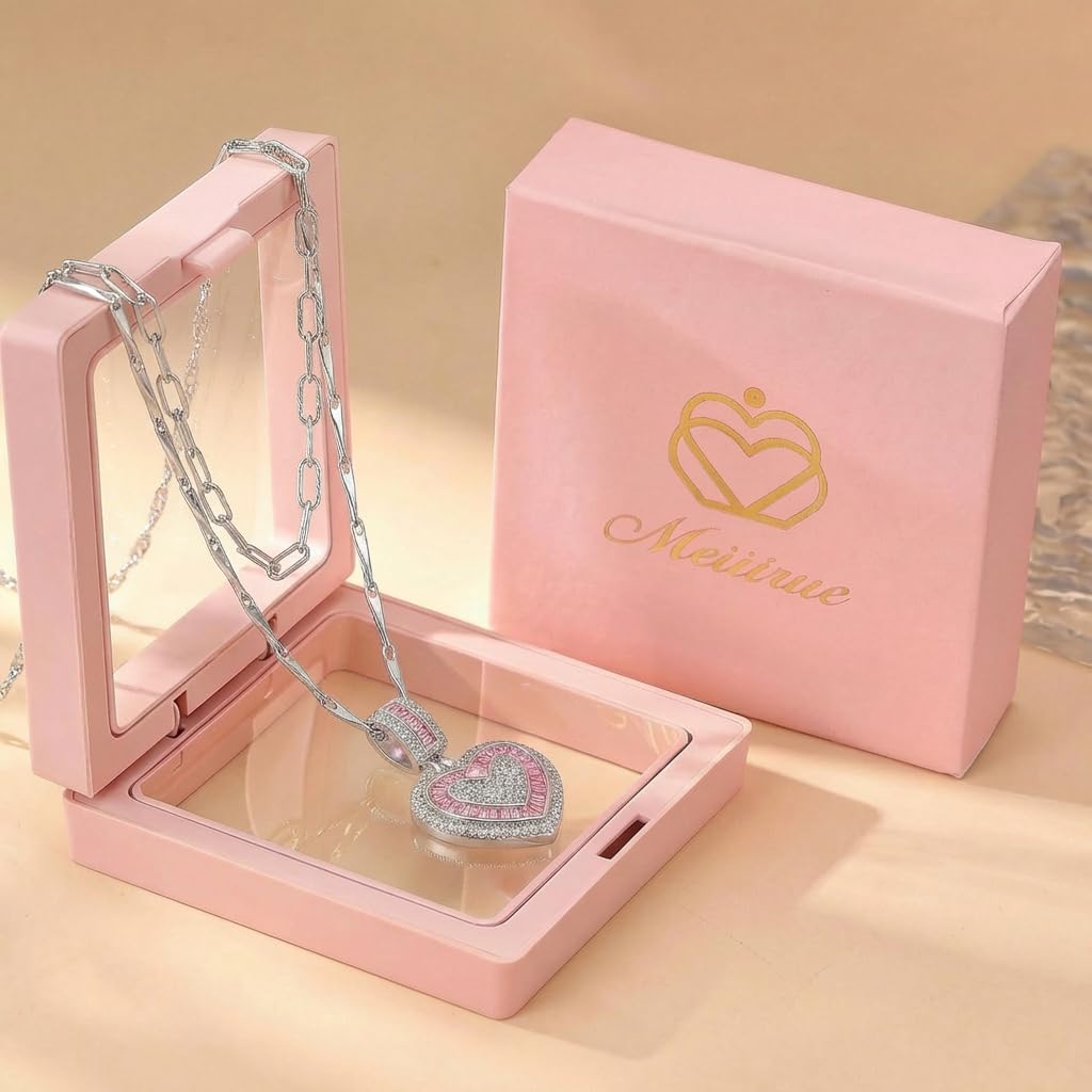 MEIITRUE Heart Necklaces for Women Trendy 14k White Gold Plated Dainty Layered Necklace Set Cubic Zirconia Love Pendant Choker Thin Paperclip Chain Stackable Jewelry Gift Pink