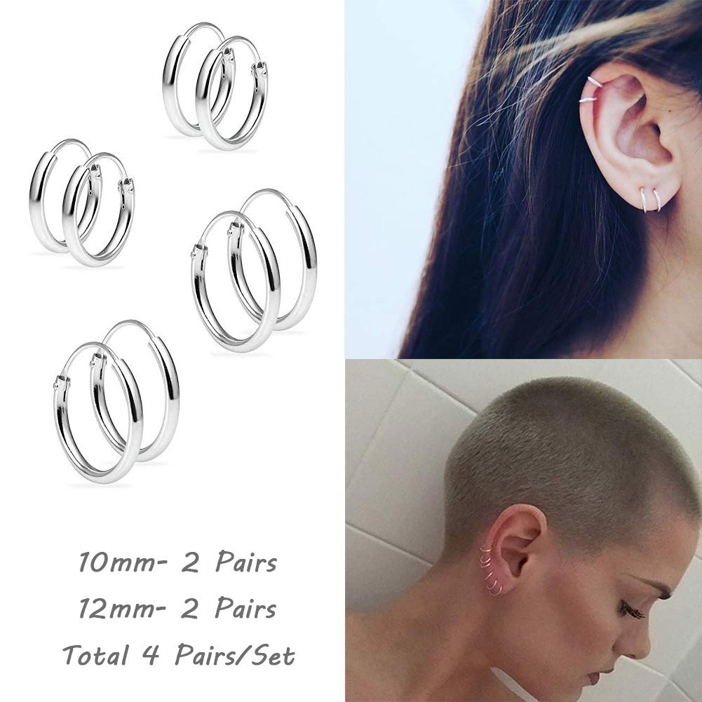 EPIRORA Silver Hoop Earrings - 4 Pairs of Hypoallergenic 925 Sterling Silver Cartilage Small Hoop Earrings for Women & Men(10mm &12mm)