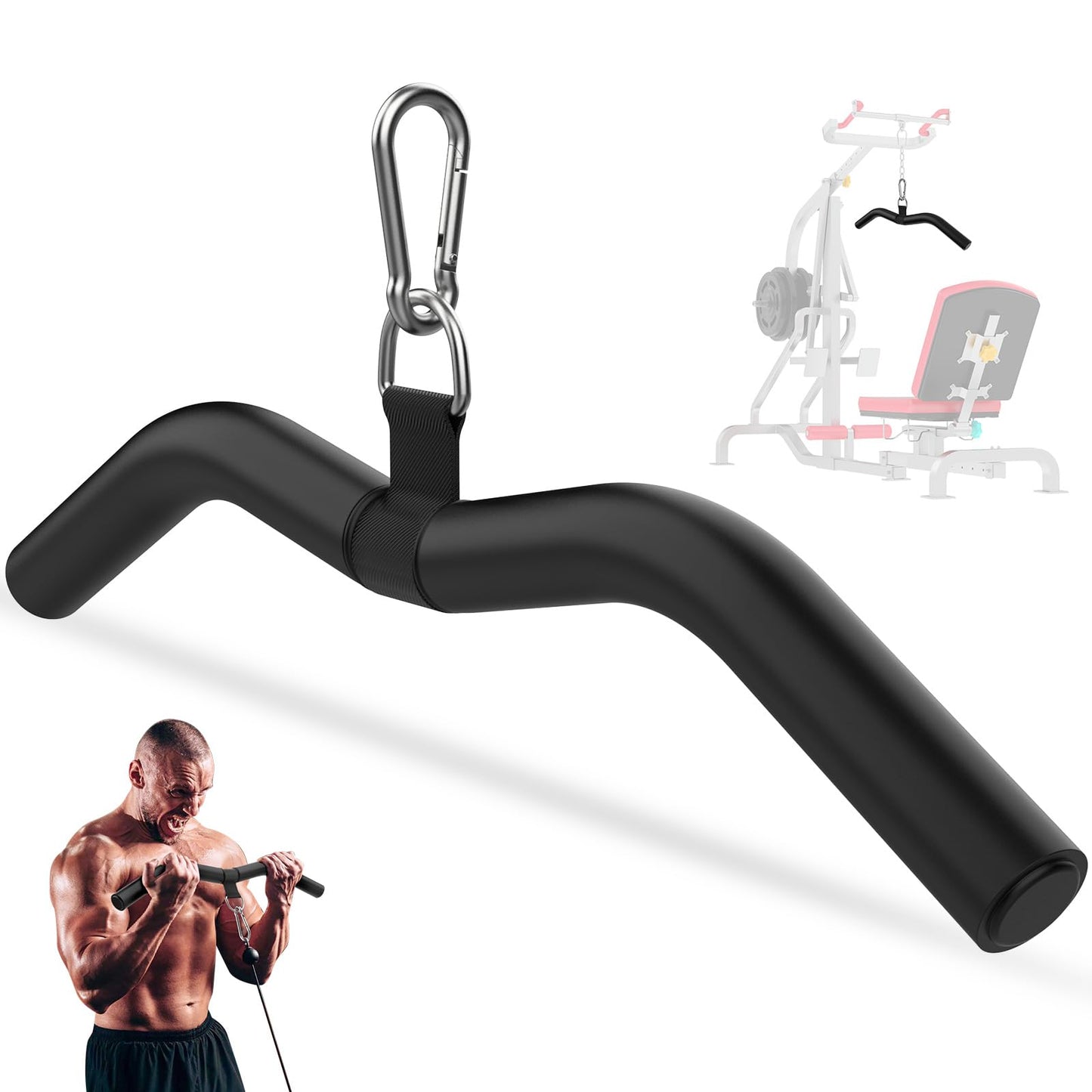 Anobeyi LAT Pull Down Attachment, Gym Tricep Rope Machine LAT Pulldown Bar, Strength Training Gym Equipment Accessory, Ergonomic Curl Bar for Seated Rowing, High Pull Downs (19in W-Bar)